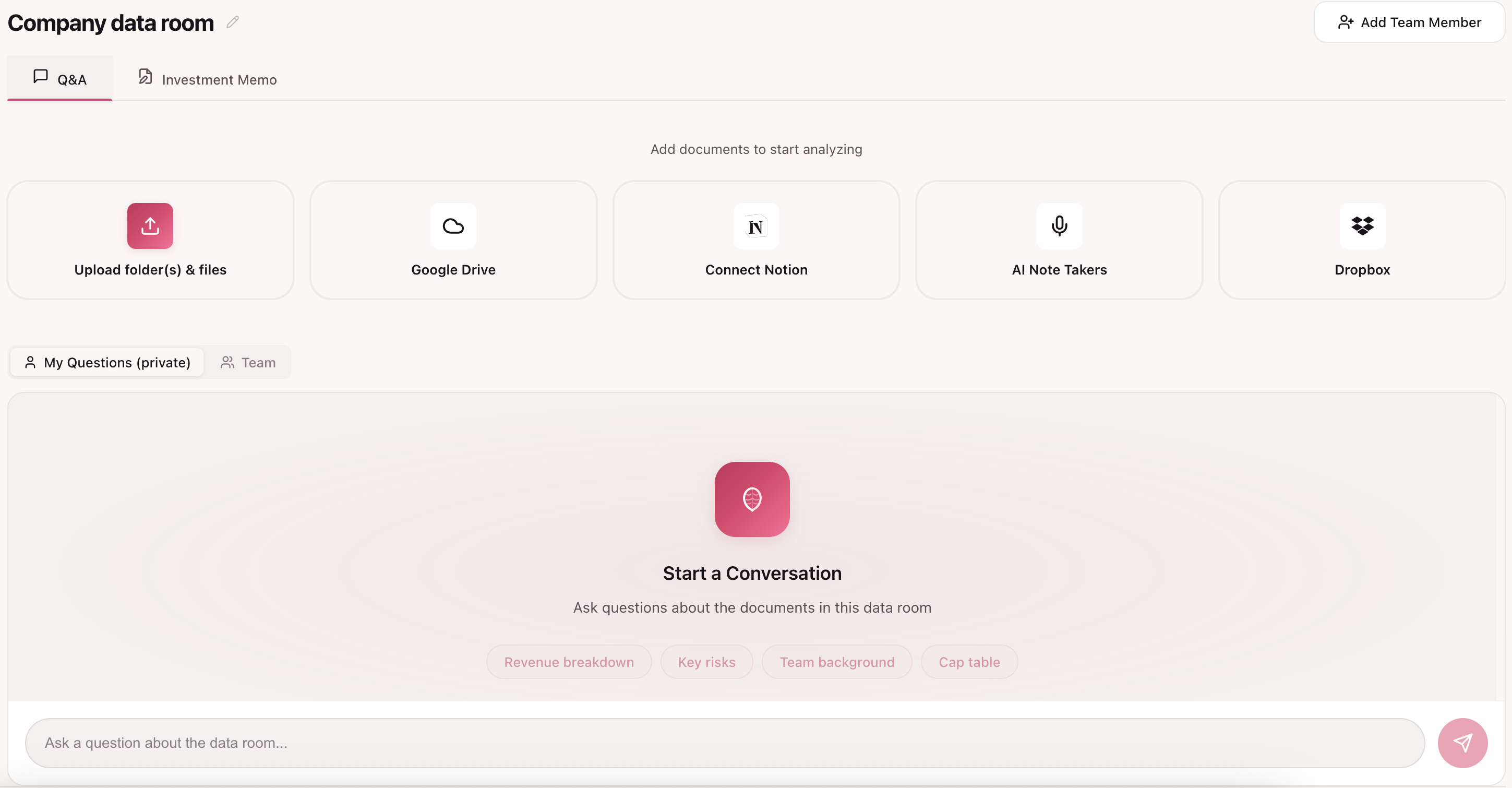 Mentis AI — data room chat interface
